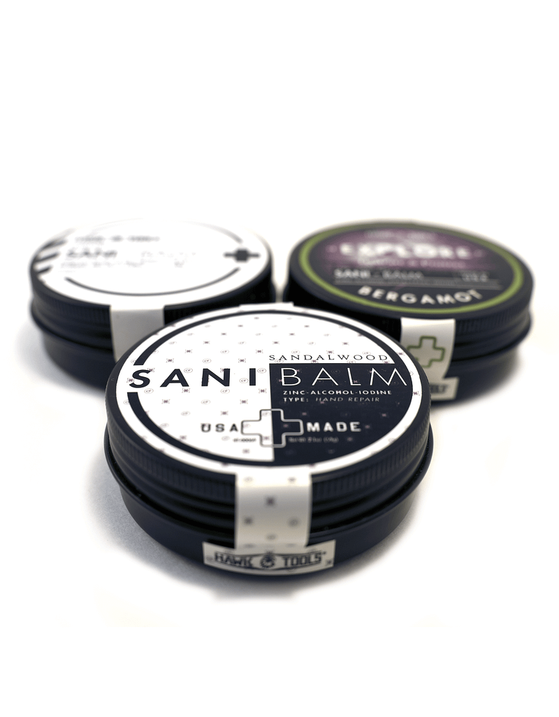 Sandalwood Sani-Balm moisturizer for dry and cracked skin with other Sani products