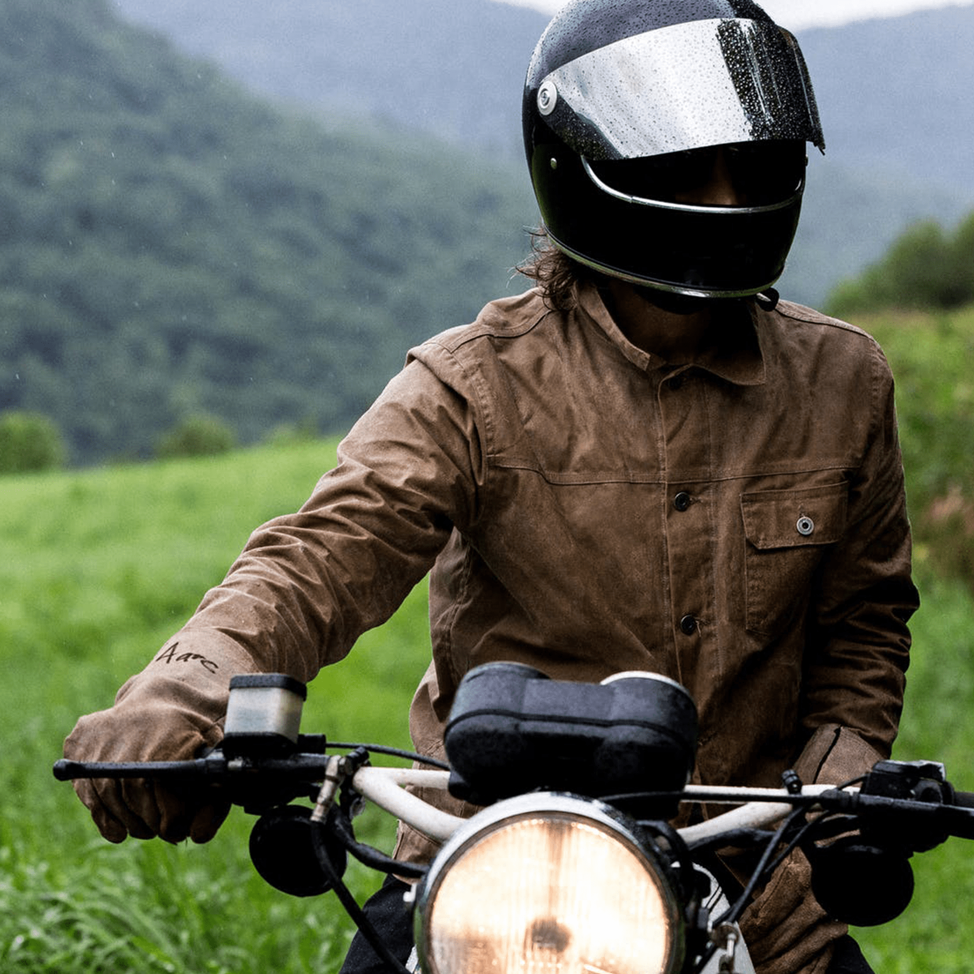 Waxed canvas jacket on motorcycle
